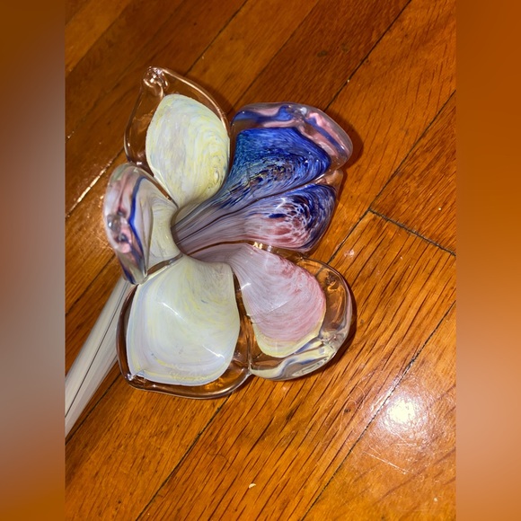 Tall Murano Italy Art Glass Blue Pink & Green Long Stem Flower - Picture 2 of 5